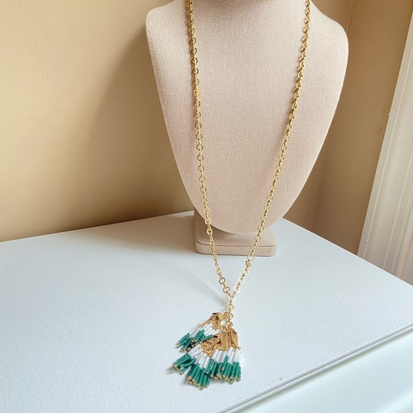 J. Crew Jewelry - J. Crew glass bead tassel necklace on long goldtone chain in green and white